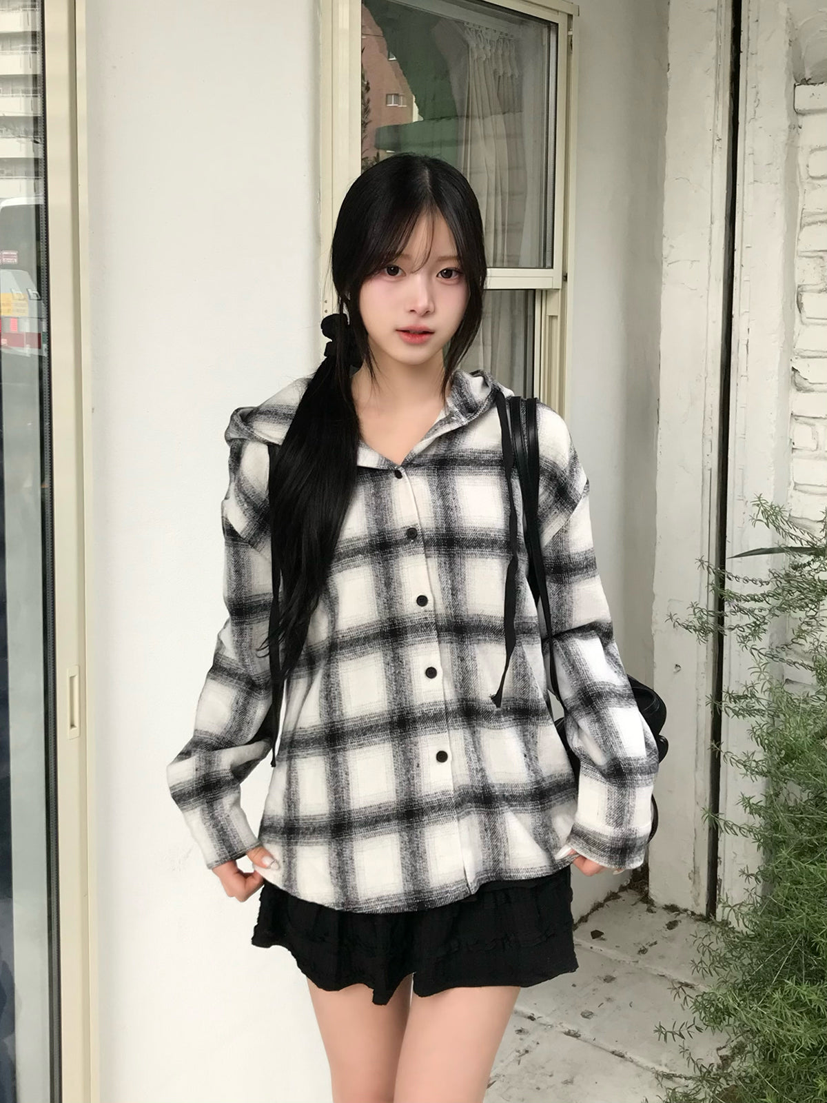 チェックフーディシャツ