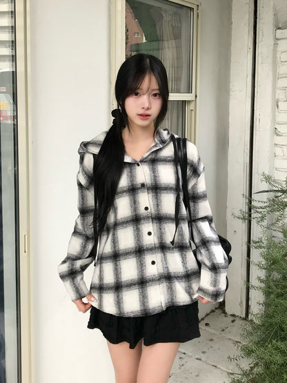 チェックフーディシャツ