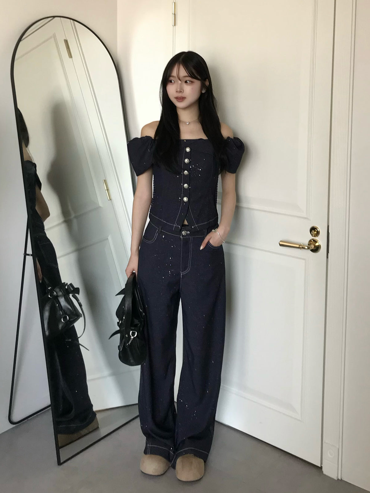 ラメステッチデニムデザインセットアップ