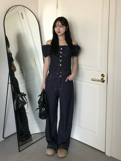 ラメステッチデニムデザインセットアップ