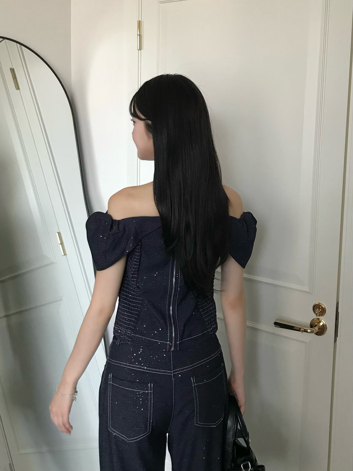 ラメステッチデニムデザインセットアップ