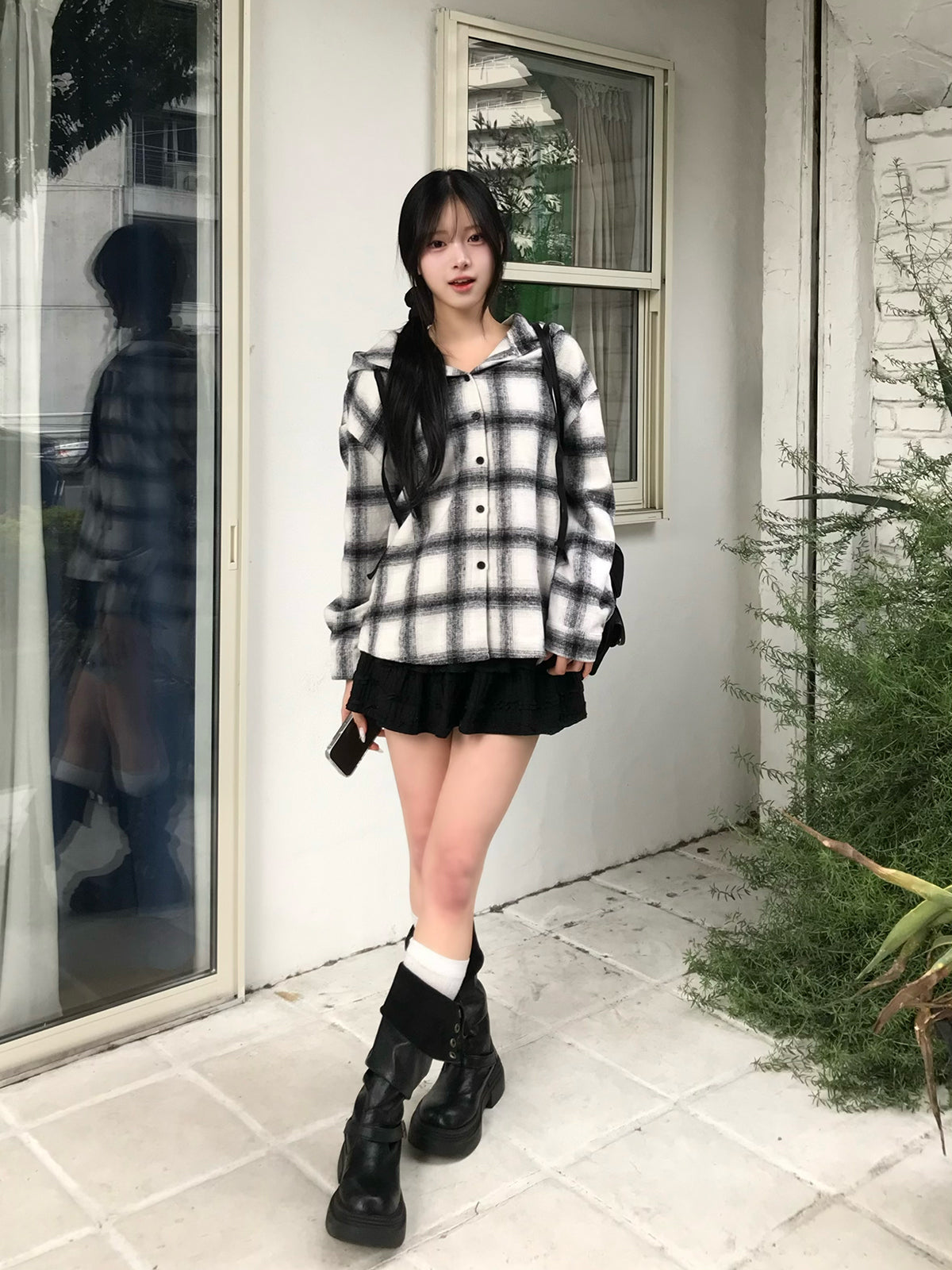 チェックフーディシャツ