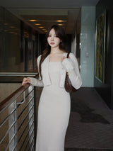 フロントボタンフレアニットセットワンピース - アイボリー