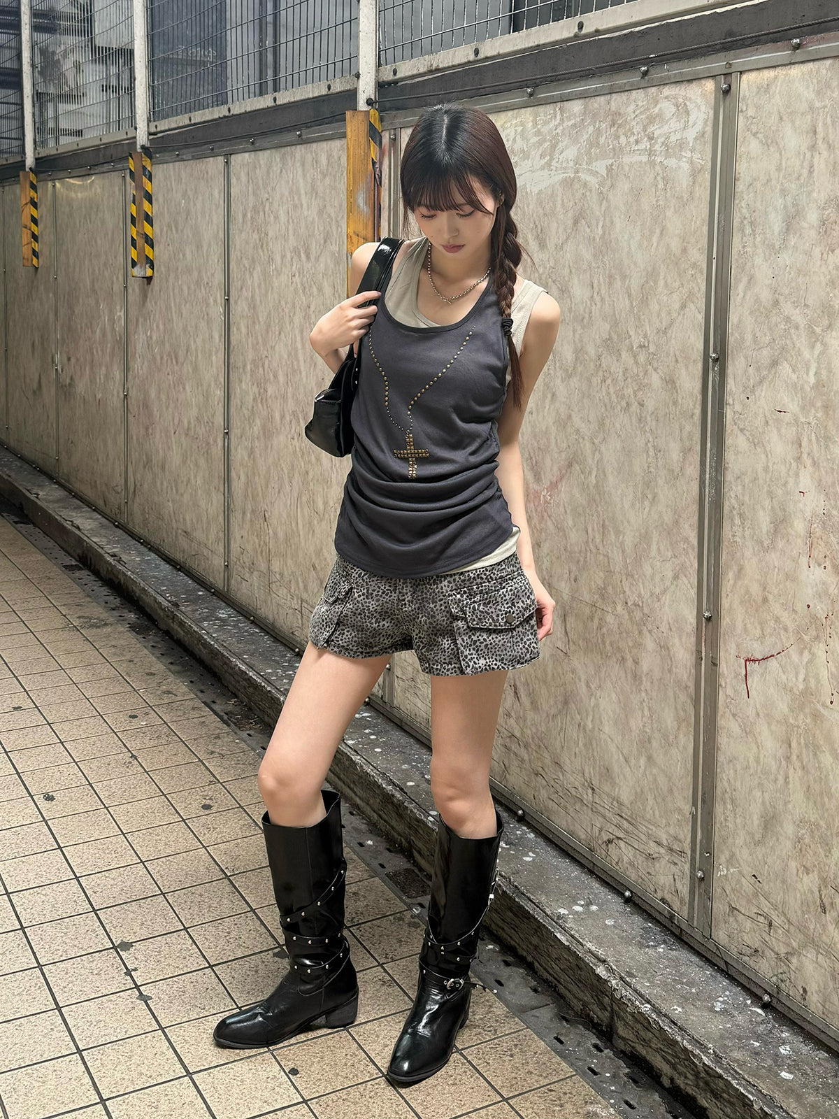 レオパードグレーデニムショートパンツ