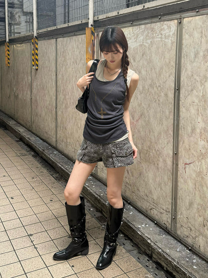 レオパードグレーデニムショートパンツ