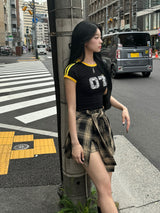 Waist design check short pants - beige