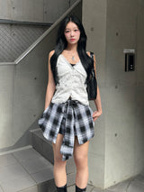 Waist design check short pants - black