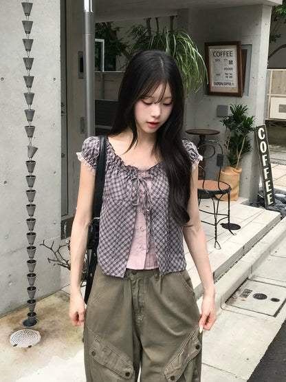 レイヤードチェックリボンブラウス