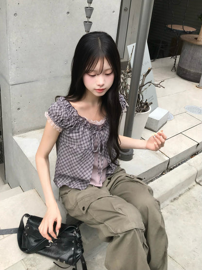 レイヤードチェックリボンブラウス