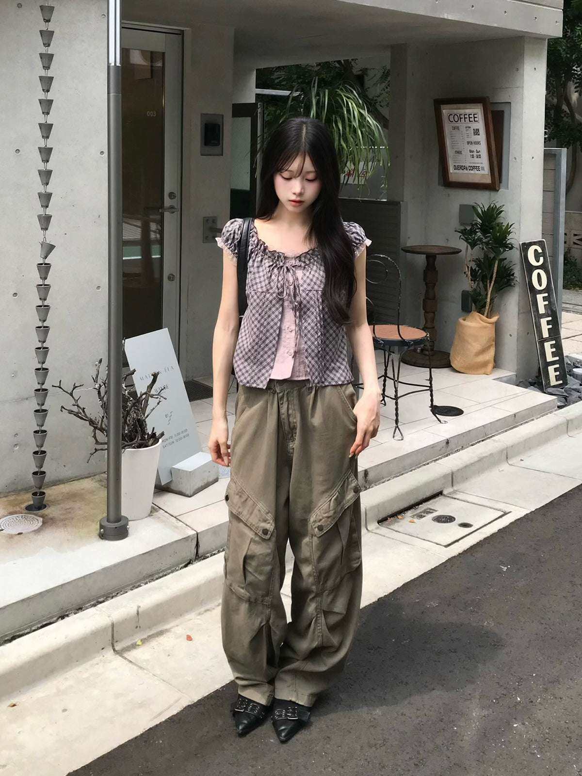 レイヤードチェックリボンブラウス