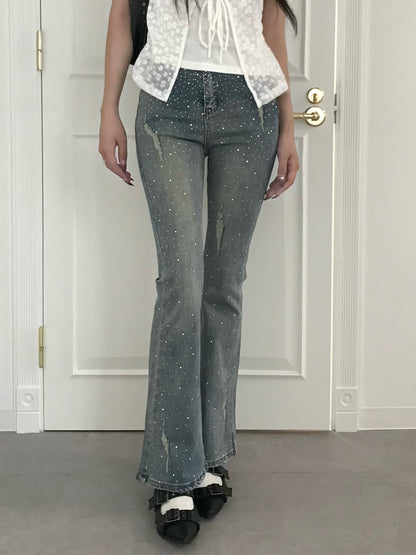クリスタルストーンフレアデニムパンツ