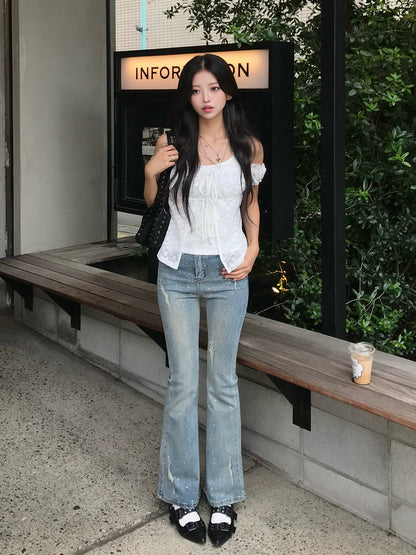 クリスタルストーンフレアデニムパンツ