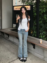 クリスタルストーンフレアデニムパンツ - ブルー