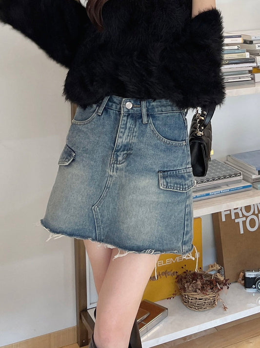 Pocket design denim mini skirt