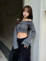 クロップドオフショルリブカットソー - グレー