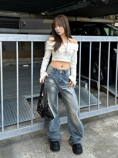 クロップドオフショルリブカットソー