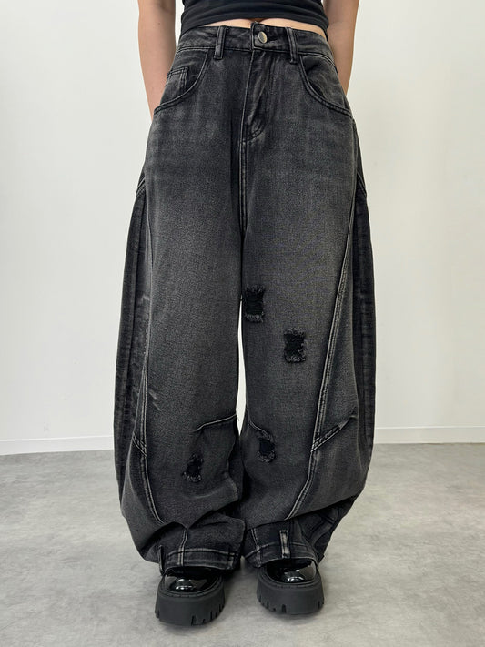 ダメージバレルレッグデニムパンツ