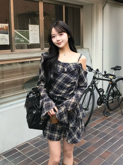 ワンショルチェックミニワンピース