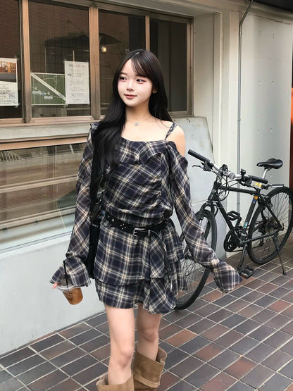 ワンショルチェックミニワンピース