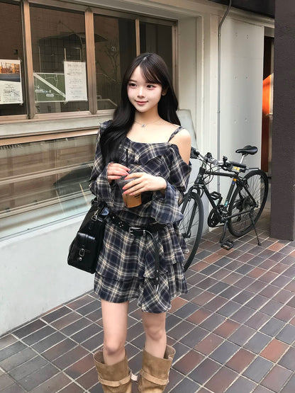 ワンショルチェックミニワンピース