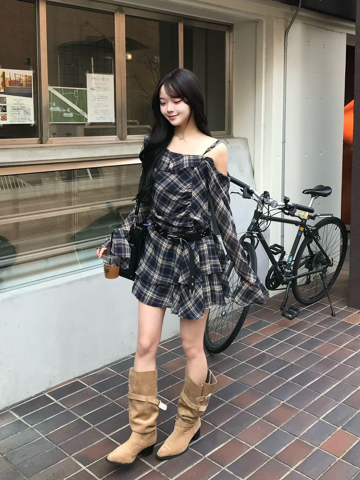 ワンショルチェックミニワンピース