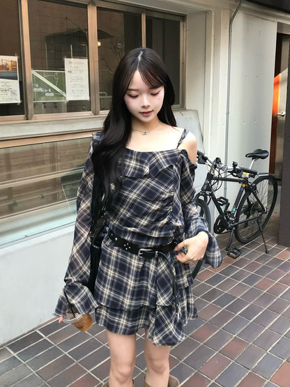 ワンショルチェックミニワンピース
