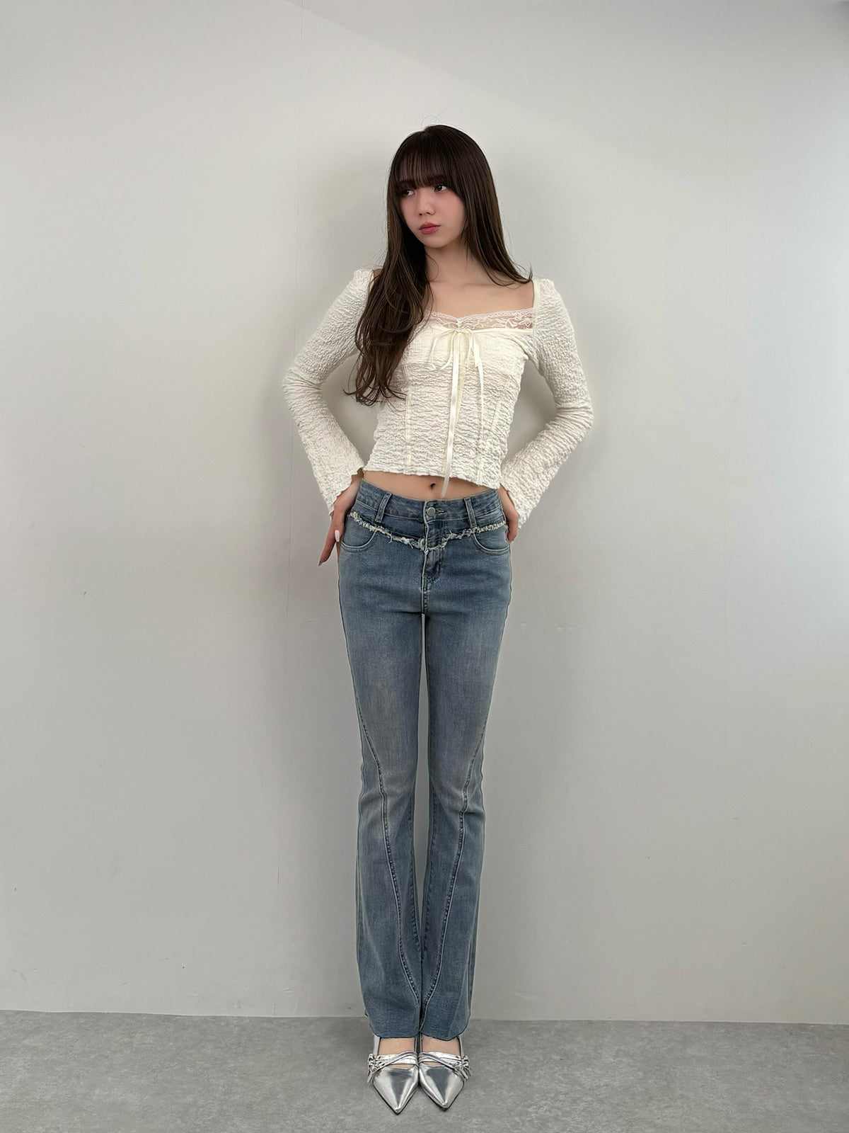 2/20 ★Image Fringe Slim Semi-Flare Denim Pants