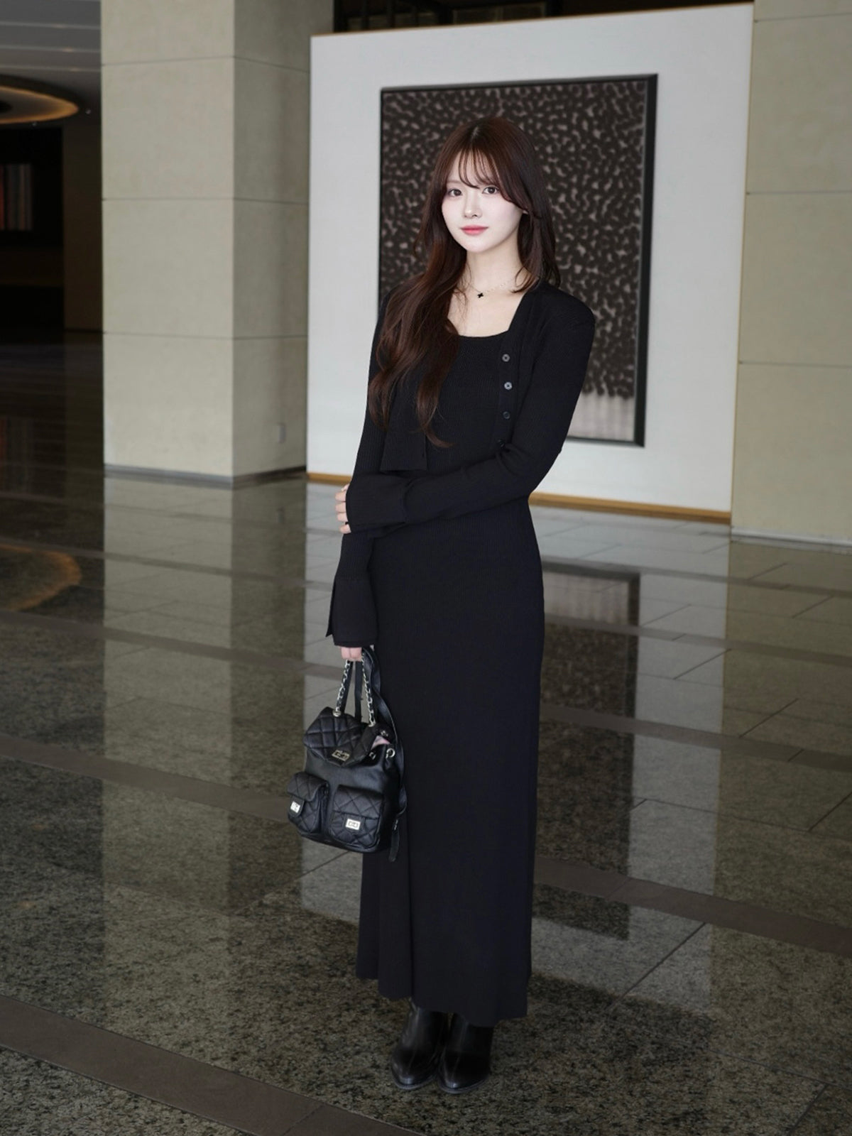 フロントボタンフレアニットセットワンピース