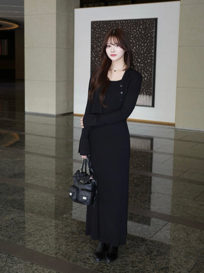 フロントボタンフレアニットセットワンピース