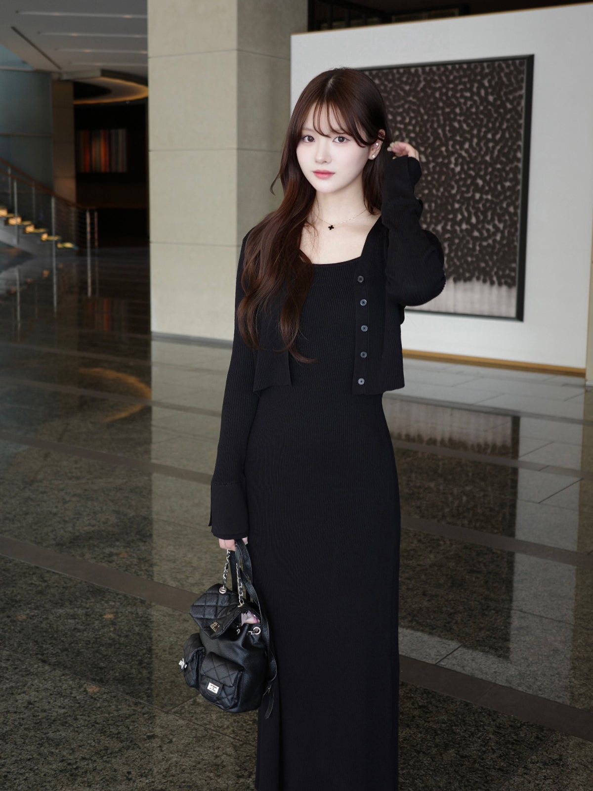 フロントボタンフレアニットセットワンピース