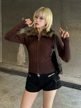 ファータッチカラーダブルジップニット - ブラウン