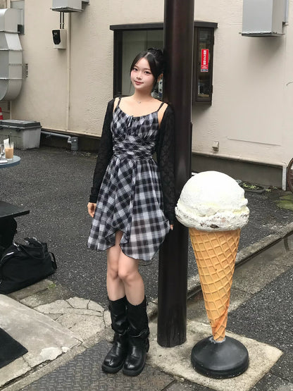 アンバランスヘムチェックミニワンピース