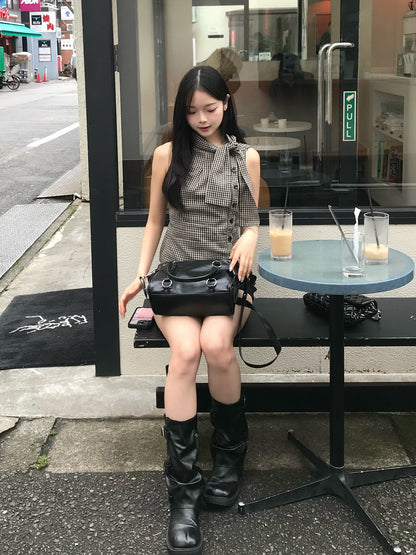 チェックボウタイノースリーブブラウス