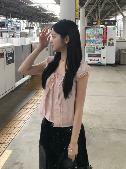 リボンフリルネックブラウス