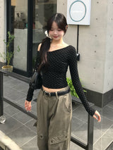 ラメドットワンショルカットソー - ブラック