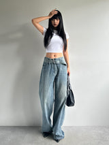 Belted low rise wide denim pants - blue