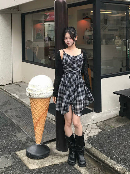 アンバランスヘムチェックミニワンピース