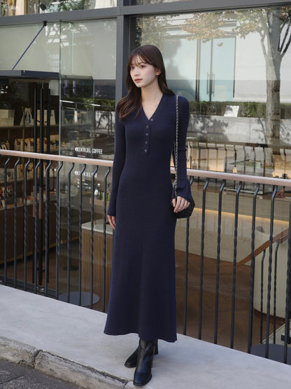 フロントボタンフレアニットワンピース【予約】