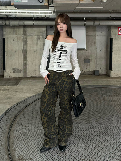 レオパードワイドストレートデニムパンツ