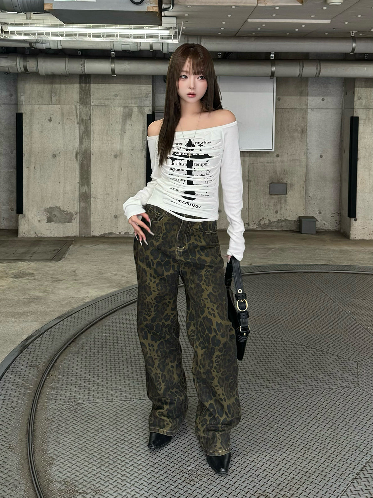 レオパードワイドストレートデニムパンツ