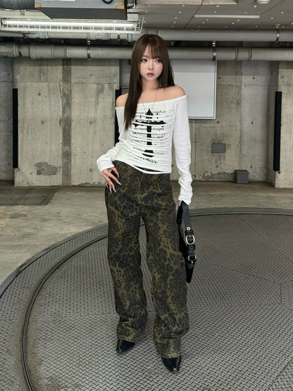 レオパードワイドストレートデニムパンツ