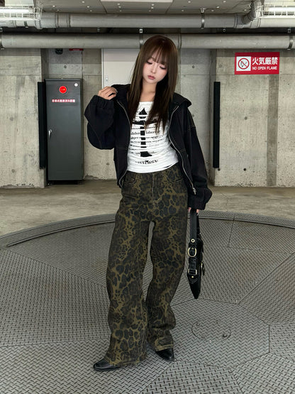 レオパードワイドストレートデニムパンツ