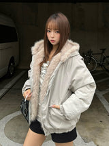 ボリュームファータッチフーディーブルゾン - グレー