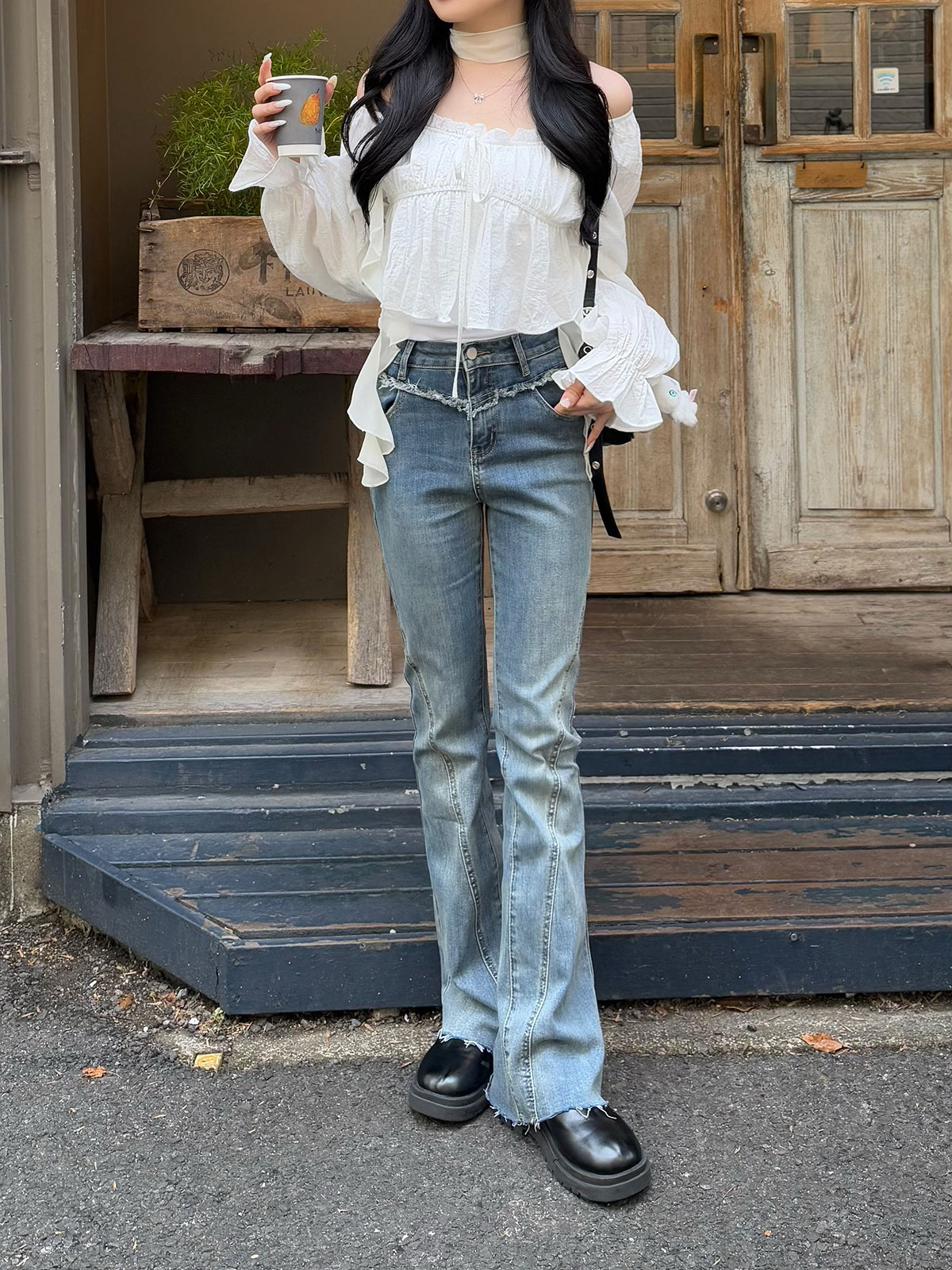 2/20 ★Image Fringe Slim Semi-Flare Denim Pants