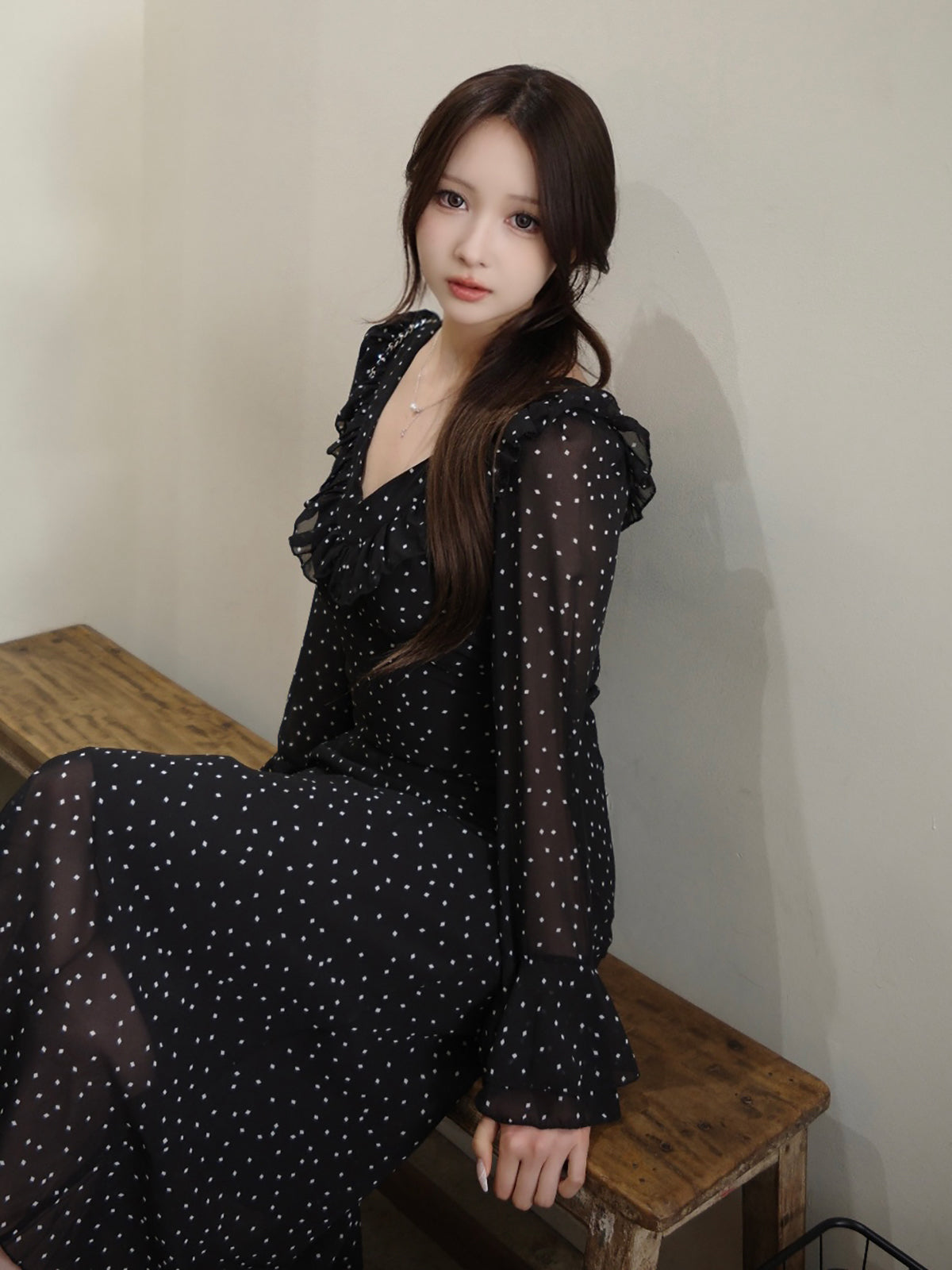 ミニスクエアドットロングワンピース