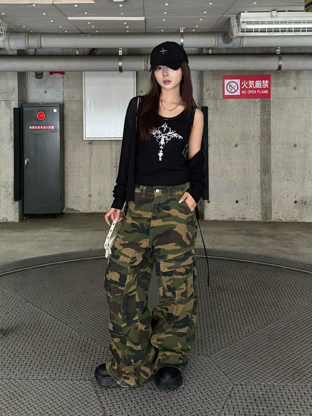 軍風口袋迷彩牛仔褲