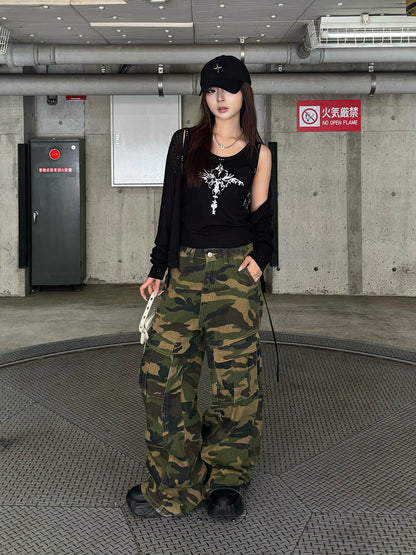 軍風口袋迷彩牛仔褲