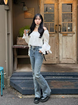 2/20 ★Image Fringe Slim Semi-Flare Denim Pants - Blue