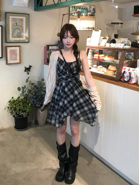 アンバランスヘムチェックミニワンピース