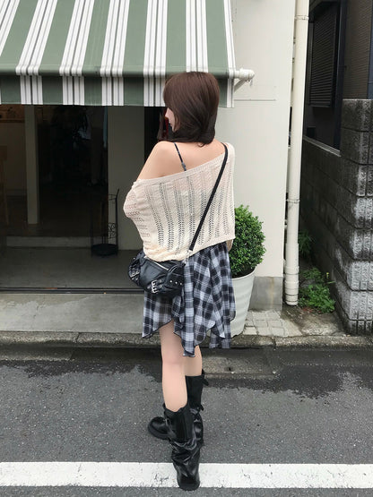 アンバランスヘムチェックミニワンピース
